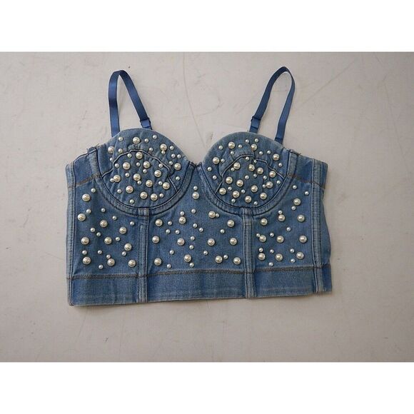 Valleygirl Tops - Valleygirl Denim Push Up Bustier Crop Top with Beaded Pearls, S/M